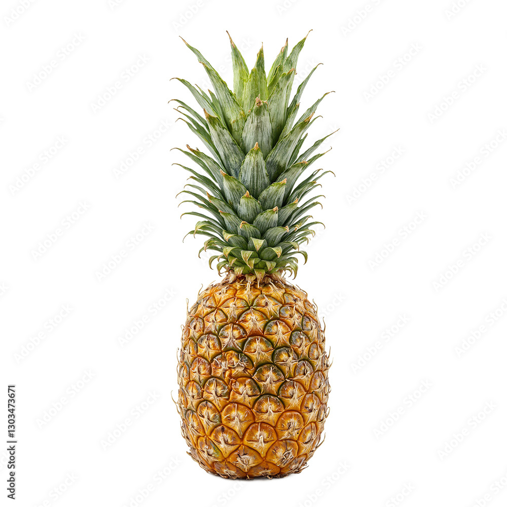 Fototapeta premium Fresh pineapple with intricate diamond patterns golden brown skin and vibrant green crown on a white background