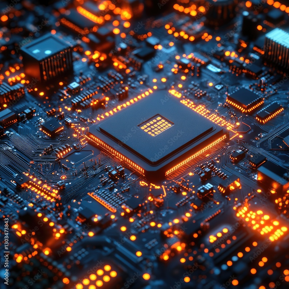 A detailed view of a computer's motherboard, perfect for tech-related projects or illustrations A detailed view of a computer's motherboard, perfect for tech-related projects or illustrations