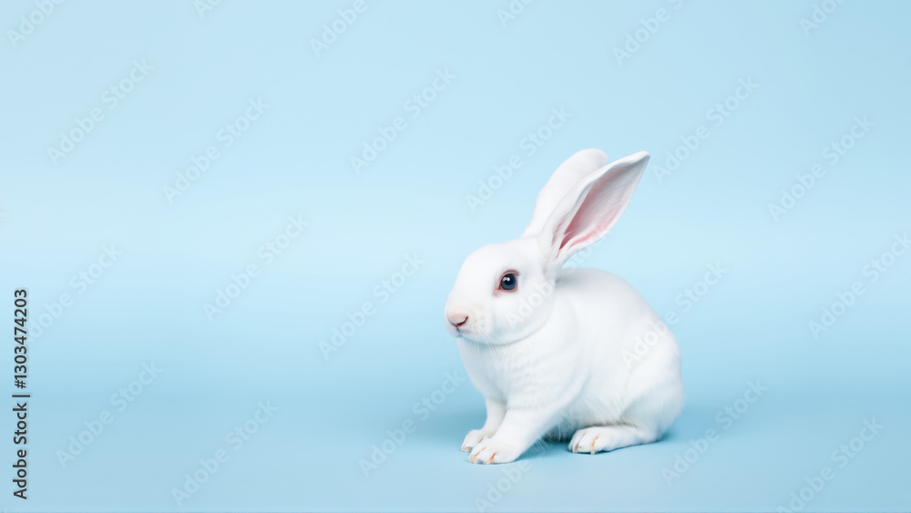 Obraz premium Cute white rabbit on isolated blue background