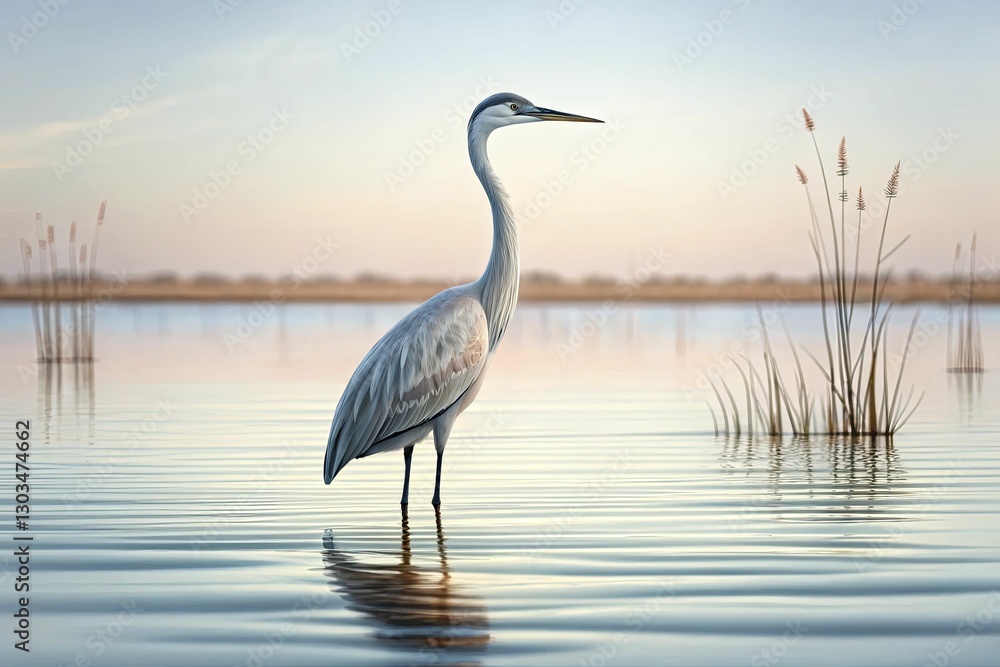 Fototapeta premium A minimal watercolor illustration of a single crane bird standing in shallow water, with delicate pastel reflections