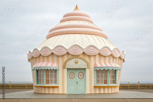 A pastel bakery shaped like a giant cupcake, with sugar windows and a swirl of icing forming the roof photo