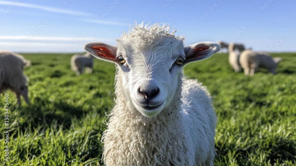 Obraz premium Cute lamb in grassy field, looking at camera