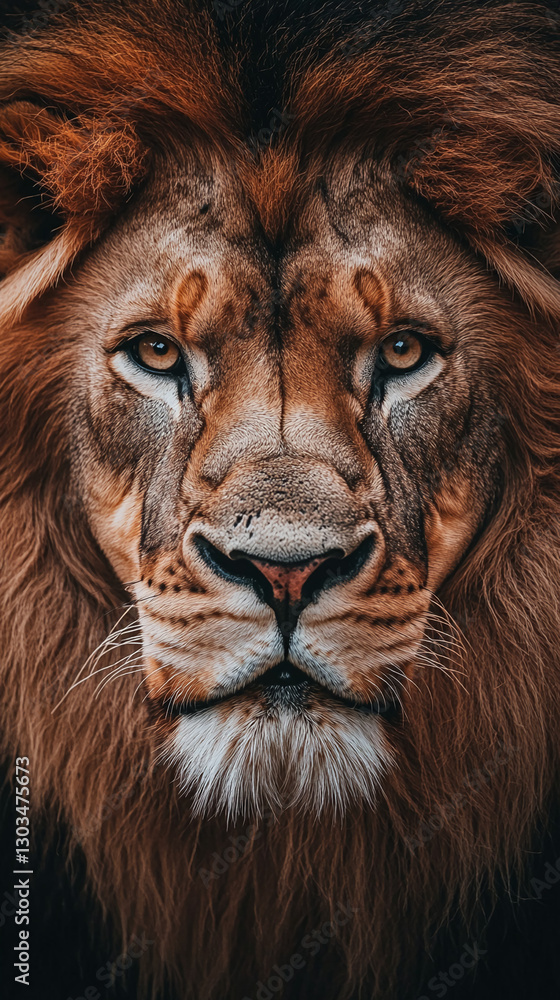 Naklejka premium Close-up portrait of a majestic male lion with a thick mane and piercing eyes, showcasing power, confidence, and the natural beauty of this fierce predator in the wild.