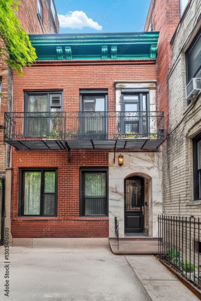 This contemporary brick townhouse showcases a delightful balcony adorned with lush plants, nestled in a lively urban neighborhood on a bright, sunny day This contemporary brick townhouse showcases a delightful balcony adorned with lush plants, nestled in a lively urban neighborhood on a bright, sunny day