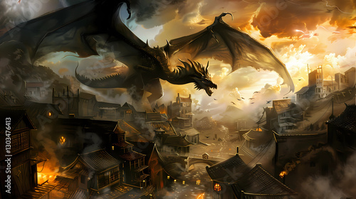 fierce anime dragon attacking village with dramatic lighting and intense fantasy atmosphere