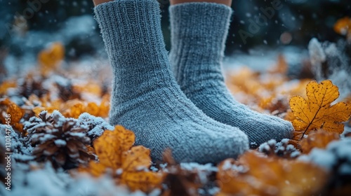A person stands amidst a pile of leaves covered in snow, offering a peaceful winter scene