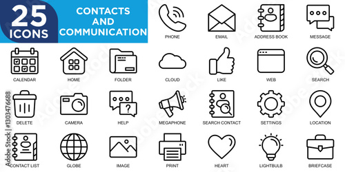 contacts and communication, communication, contact, business, web, symbol icon set. Outline icons collection. Simple vector illustration