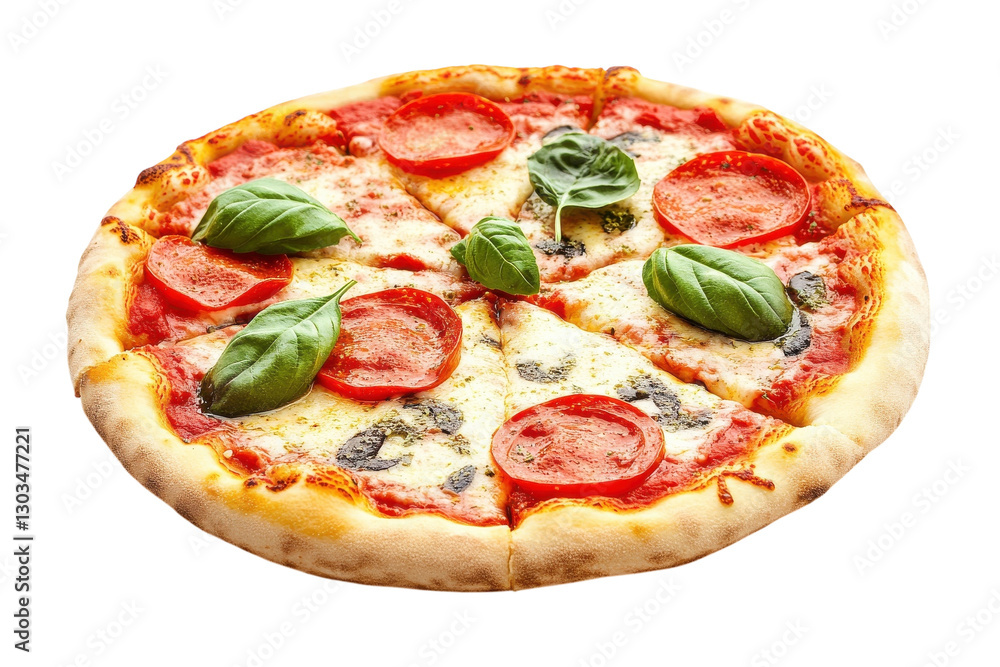 Delicious homemade pizza with fresh basil and tomato topped on a crisp golden crust isolated on transparent background Delicious homemade pizza with fresh basil and tomato topped on a crisp golden crust isolated on transparent background