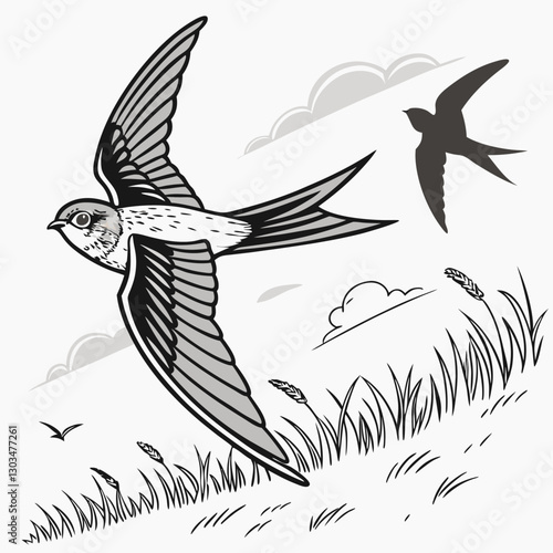 A detailed vector illustration of the Common Swift, the fastest bird in level flight. Perfect for wildlife art, birdwatching themes, and nature-inspired designs.
