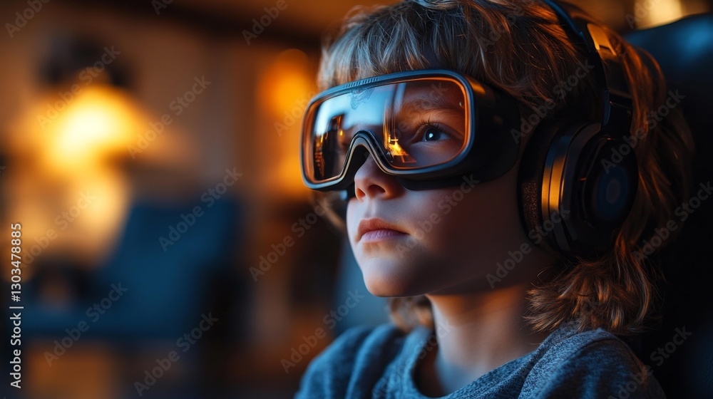 Child immersed in virtual reality game with VR goggles and headphones. Generative AI