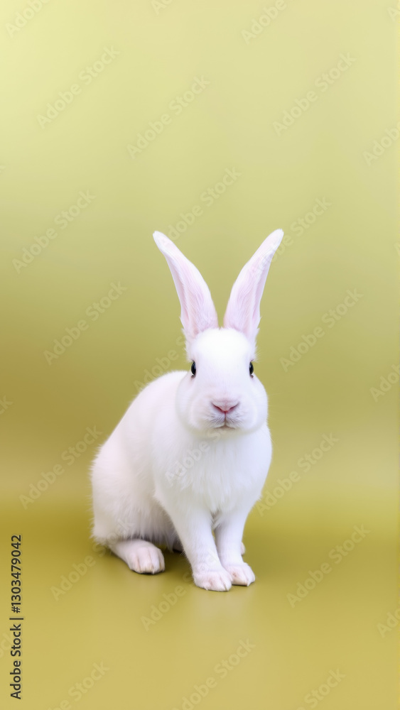 Fototapeta premium Cute white bunny on isolated olive background colors