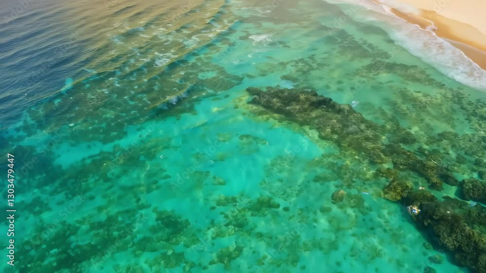 Tranquil ocean waves lapping at golden sandy beach under clear blue sky. concept of coastal serenity, beach tranquility, ocean beauty, tropical escapes Tranquil ocean waves lapping at golden sandy beach under clear blue sky. concept of coastal serenity, beach tranquility, ocean beauty, tropical escapes