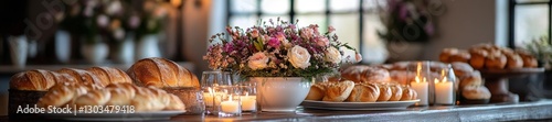 A Simple Spring Table with Fresh Bread Floral Arrangements and Soft Candles for a Charming Dinner. Generative AI