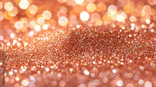 Copper glitter mound, shimmering on surface, bokeh background, light