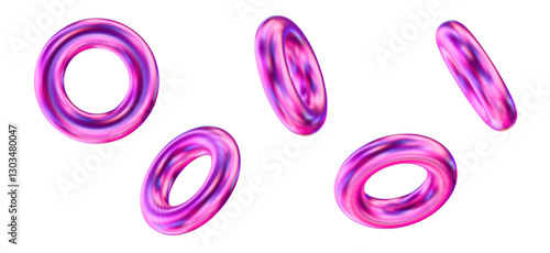 3d set of holographic geometric shape torus. Metal simple figure for your design. Stock vector illustration on isolated background.