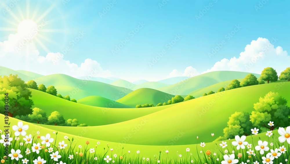 Fototapeta premium Colorful landscape with flowers and rolling green hills