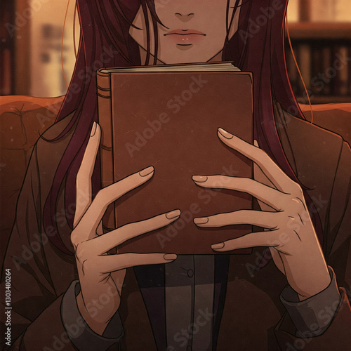 Woman holding plain covered book in anime style. Concept thinking about studying.
