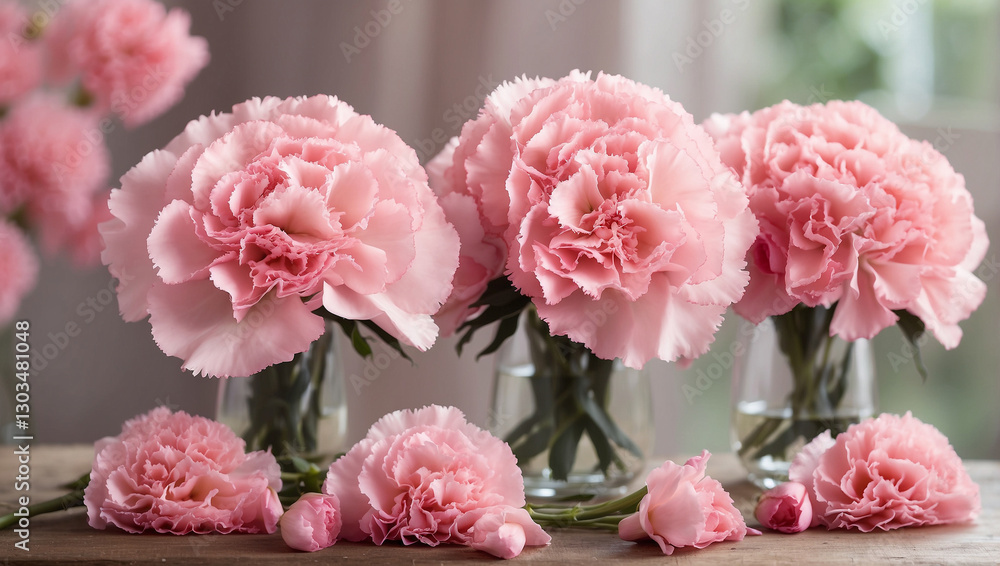 Fototapeta premium An Artistic Display of a Trio of Delicate Pink Carnations in Bloom