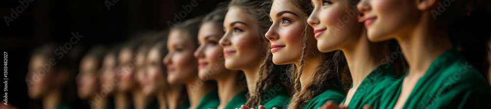 Obraz premium Smiling Female Dancers in Green Costumes Standing in Formation with Applauding Audience. Generative AI