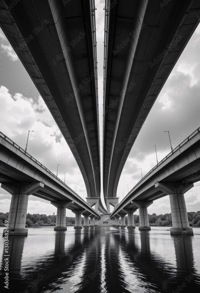 Concrete Overpasses. Architectural Marvel. Curved Lines, Structural Details. Calm Water Reflects. Soft Light Enhances. Monochrome Wonders. Imposing Scale. A Low Vantage Point View. Urban