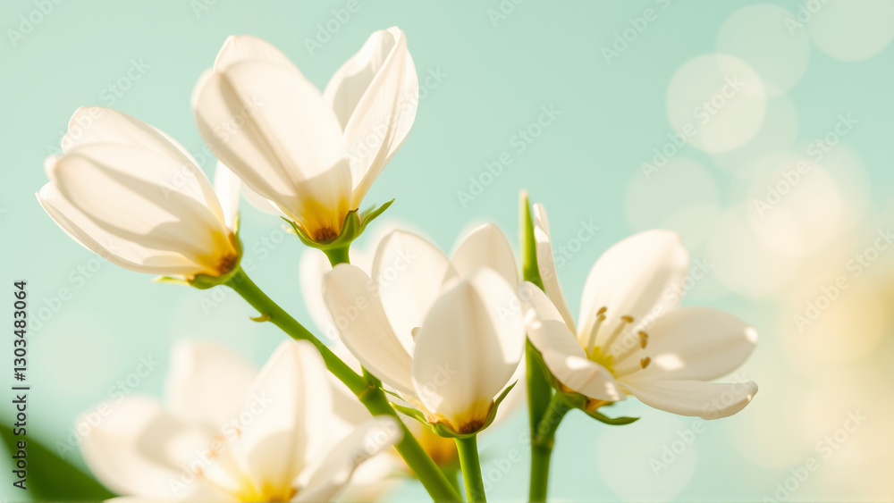 Fototapeta premium Delicate spring flowers in backlit sunlight, blurred background