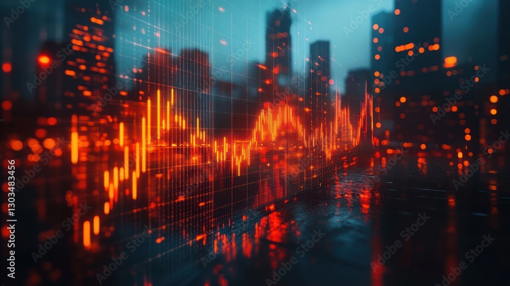Obraz premium Night Cityscape with Dynamic Stock Market Graph Overlay