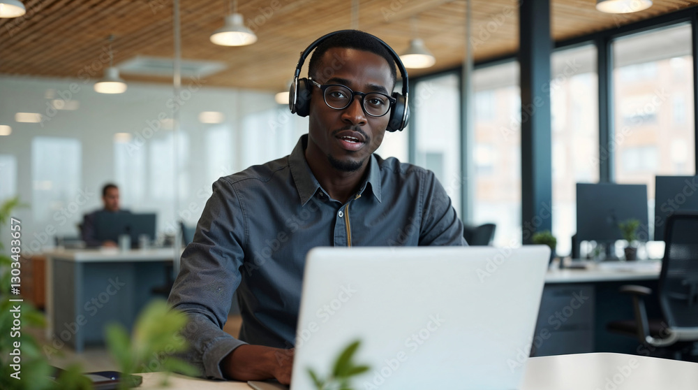 A Professional Man Working on Laptop in Modern Office , Productivity, Remote Work, Tech, working man, man at office with headset. A Professional Man Working on Laptop in Modern Office , Productivity, Remote Work, Tech, working man, man at office with headset.