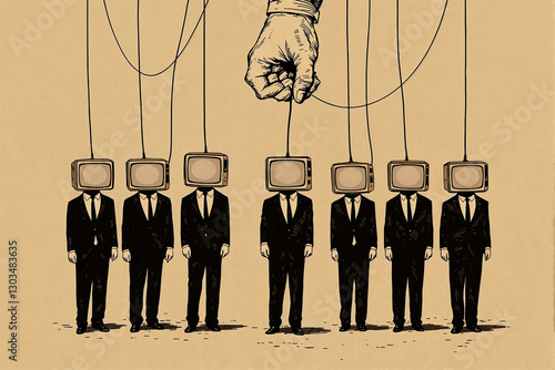 Surreal illustration of six men in suits with TV heads controlled by a hand with strings,. Manipulation