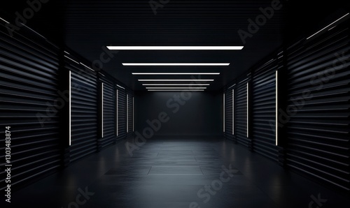 Fototapeta Naklejka Na Ścianę i Meble -  Empty black room with a dark background and ceiling lights. The scene is illuminated by the light of three square lamps on each side