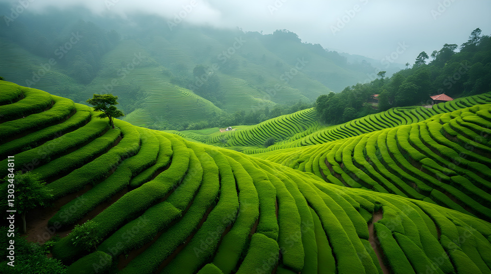 Fototapeta premium Lush Terraced Green Tea Plantation Rolling Mountain Hills Landscape