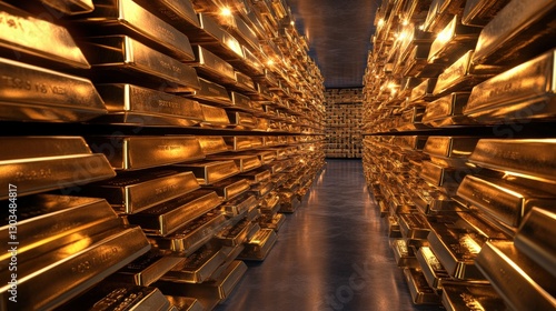 Golden bars stacked in a vault create a stunning visual of wealth and prosperity, showcasing the allure of precious metals and the concept of financial security photo