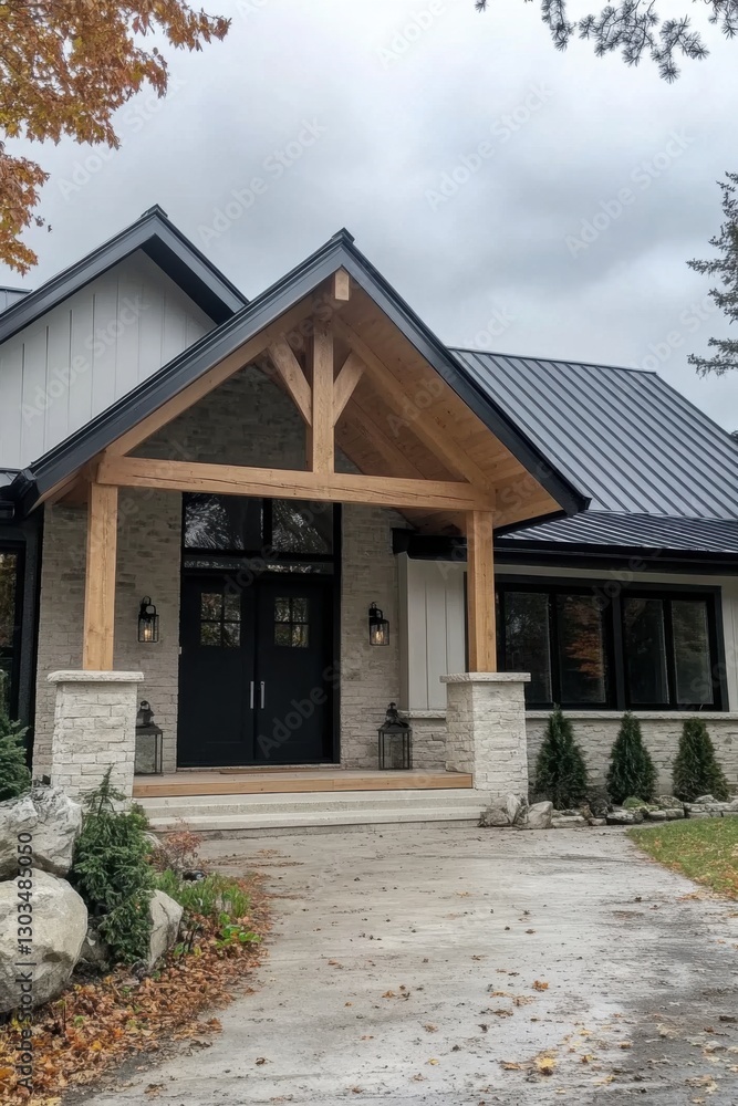 Warm and inviting modern house exterior with natural stone elements and elegant wooden accents set against a cloudy autumn sky Warm and inviting modern house exterior with natural stone elements and elegant wooden accents set against a cloudy autumn sky