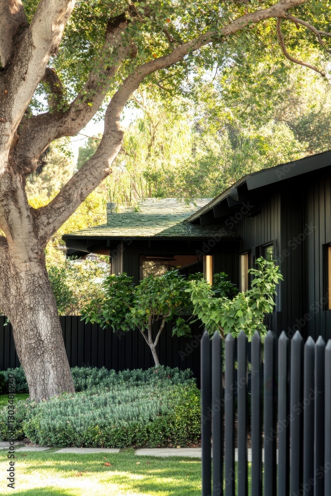 A picturesque black house surrounded by vibrant greenery, complete with a majestic, spacious tree casting shade in the garden on a bright, sunny day