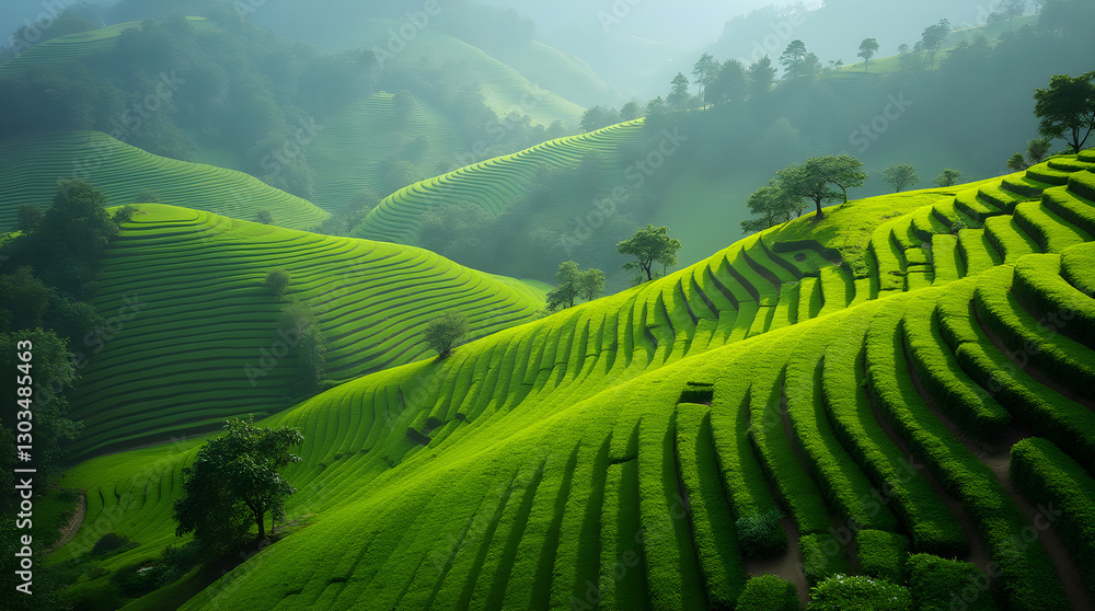 Lush Green Tea Fields Rolling Hills Scenic Landscape Lush Green Tea Fields Rolling Hills Scenic Landscape