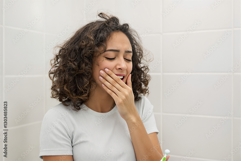 Young woman with curly hair experiencing toothache while holding toothbrush in bathroom. Young woman with curly hair experiencing toothache while holding toothbrush in bathroom.