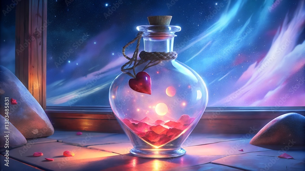 A magical glass bottle filled with heart-shaped stones, illuminated in a dreamy cosmic scene
A magical glass bottle filled with heart-shaped stones, illuminated in a dreamy cosmic scene
