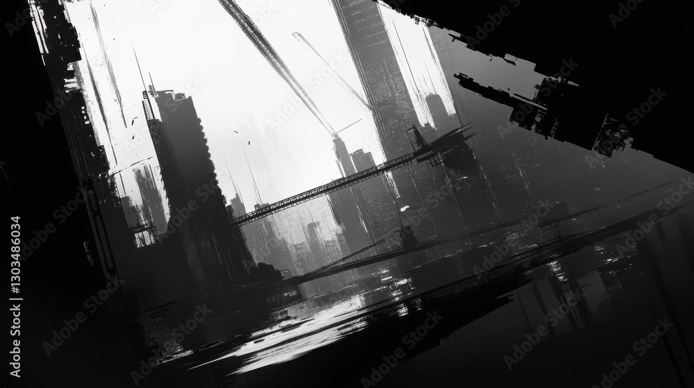 Fototapeta premium Monochrome Cityscape with Cranes in Dynamic Motion