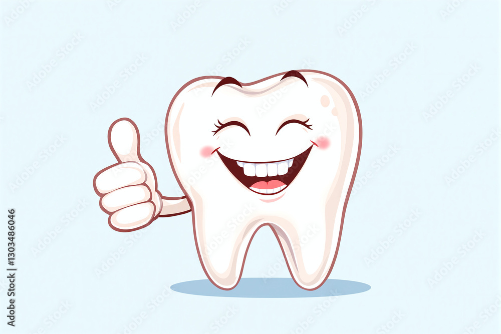 Smiling tooth cartoon character giving thumbs up on light blue background. Copy space for text. Smiling tooth cartoon character giving thumbs up on light blue background. Copy space for text.