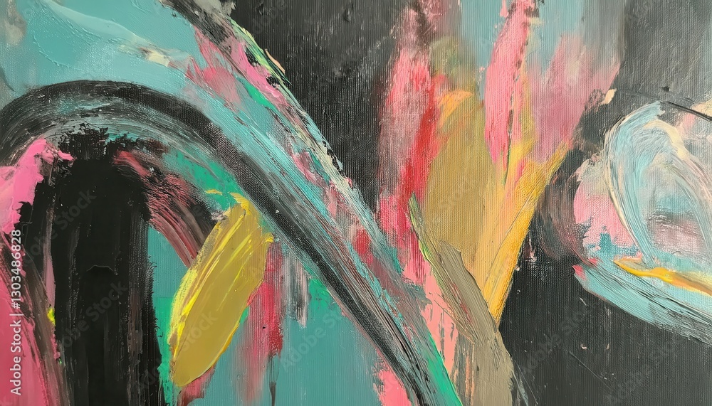 expressive abstract oil painting with bold brush strokes in teal, yellow, pink, and black for modern interior decor
expressive abstract oil painting with bold brush strokes in teal, yellow, pink, and black for modern interior decor