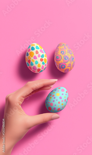 Wallpaper Mural A hand is reaching out to touch Easter eggs with pastel patterns on them, against a pink background. Minimalist. Social Media Banner. Copy space. Torontodigital.ca