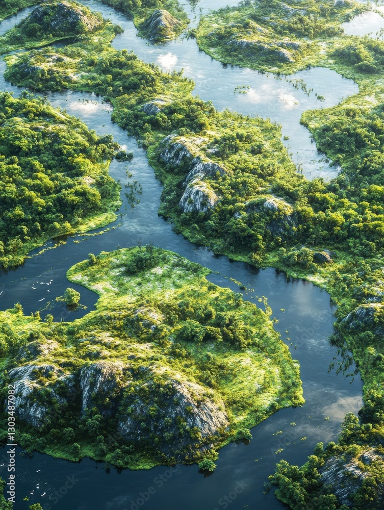 Aerial drone landscape view of a river delta with lush green vegetation and winding waterways Aerial drone landscape view of a river delta with lush green vegetation and winding waterways