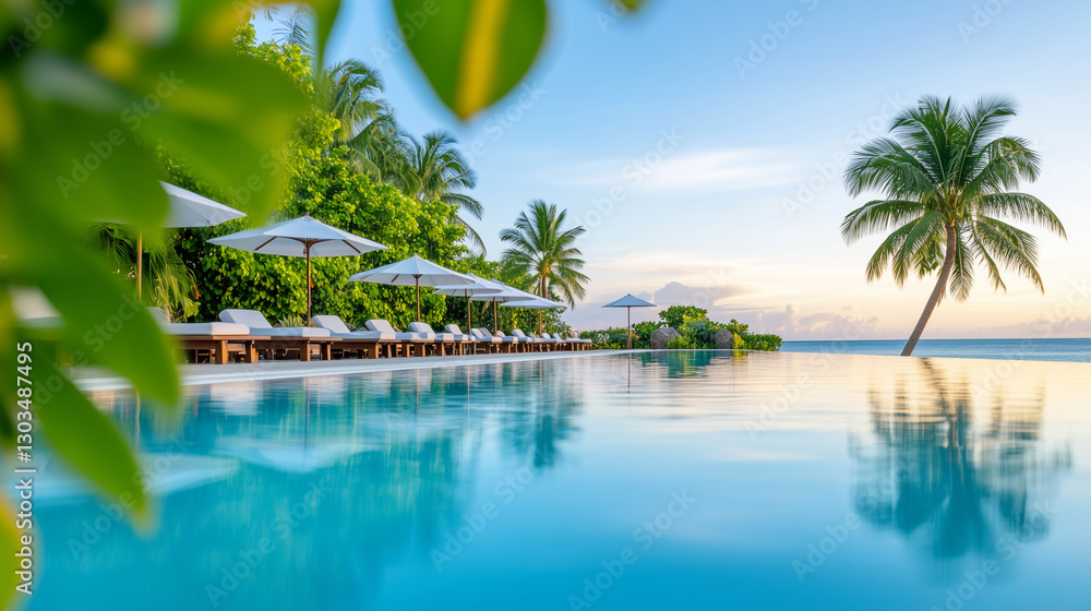 A tranquil resort pool with palm trees, white lounge chairs, and umbrellas reflecting on the water at sunrise.