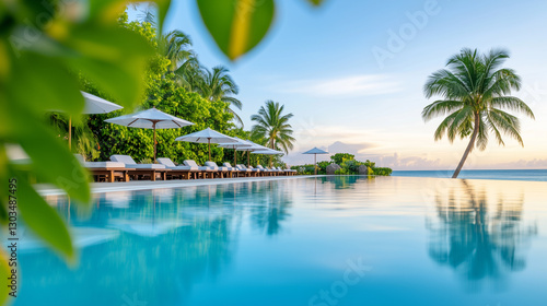 A tranquil resort pool with palm trees, white lounge chairs, and umbrellas reflecting on the water at sunrise.