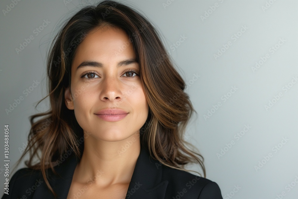 Fototapeta premium Portrait of a confident young woman with wavy hair, wearing a black blazer against a light background.