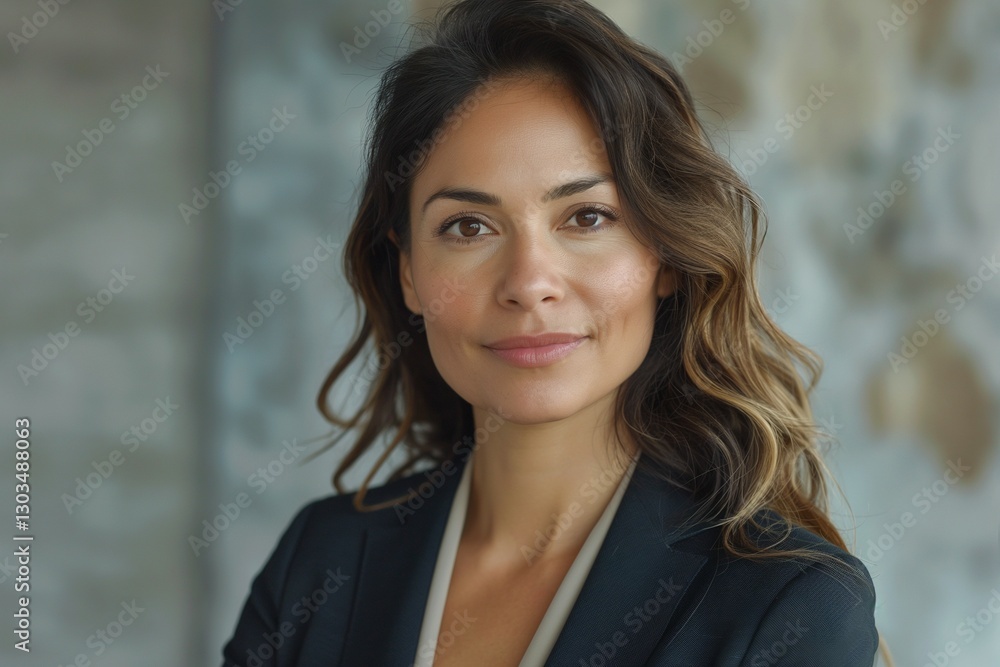Confident Hispanic woman in a professional suit, standing against a stylish blurred background, exuding self-assurance and poise. Confident Hispanic woman in a professional suit, standing against a stylish blurred background, exuding self-assurance and poise.