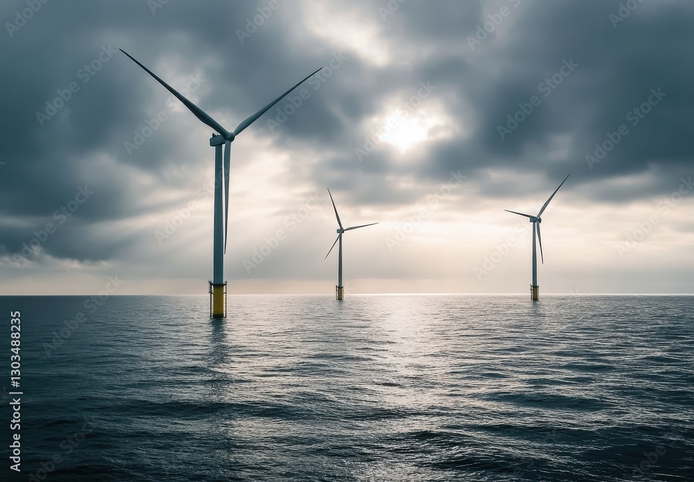 Majestic offshore wind turbines majestically positioned in a serene ocean under a cloudy sky with sunlight peeking through the clouds during the golden hour Majestic offshore wind turbines majestically positioned in a serene ocean under a cloudy sky with sunlight peeking through the clouds during the golden hour