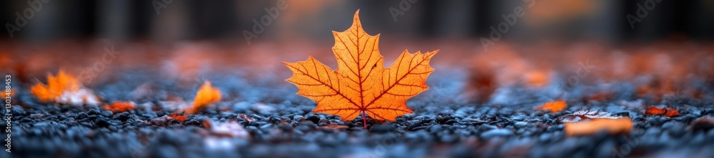A stunning orange maple leaf resting on the ground in autumn with wet rocks. Generative AI A stunning orange maple leaf resting on the ground in autumn with wet rocks. Generative AI