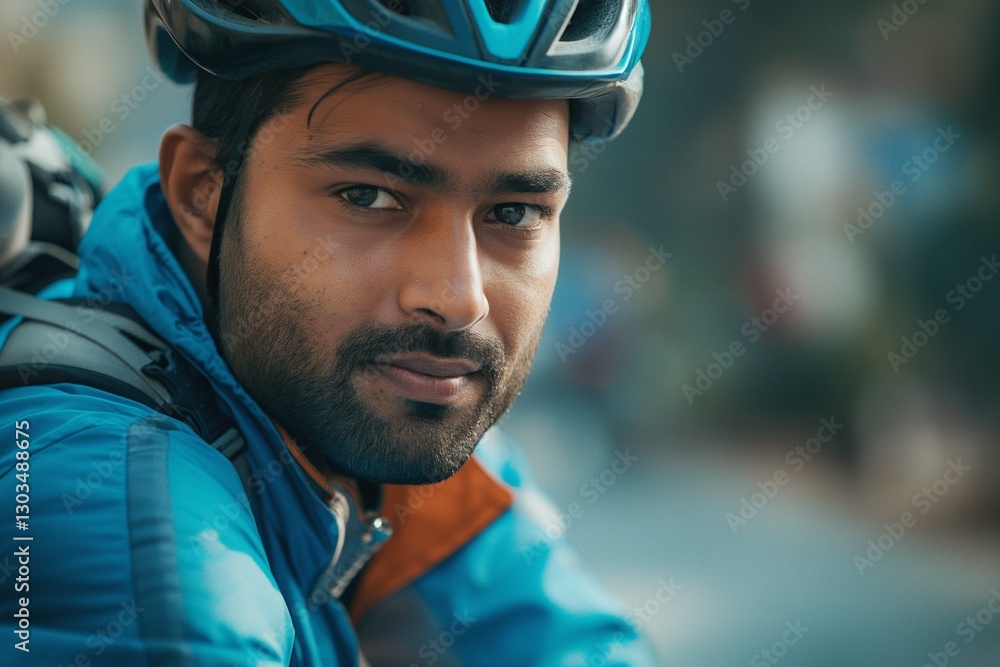 A young South Asian man in a blue cycling jacket and helmet, gazing confidently at the camera. A young South Asian man in a blue cycling jacket and helmet, gazing confidently at the camera.