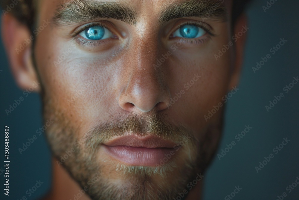 Close-up portrait of a handsome man with striking blue eyes and a well-defined beard against a muted background. Close-up portrait of a handsome man with striking blue eyes and a well-defined beard against a muted background.