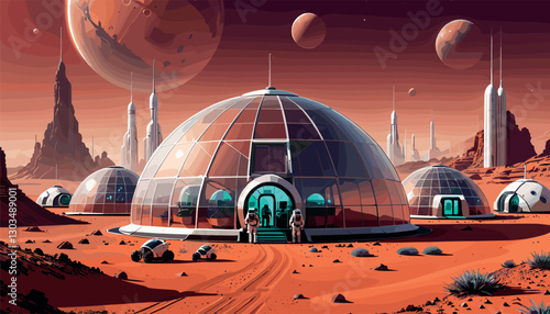 Futuristic Mars colony with geodesic domes and astronauts